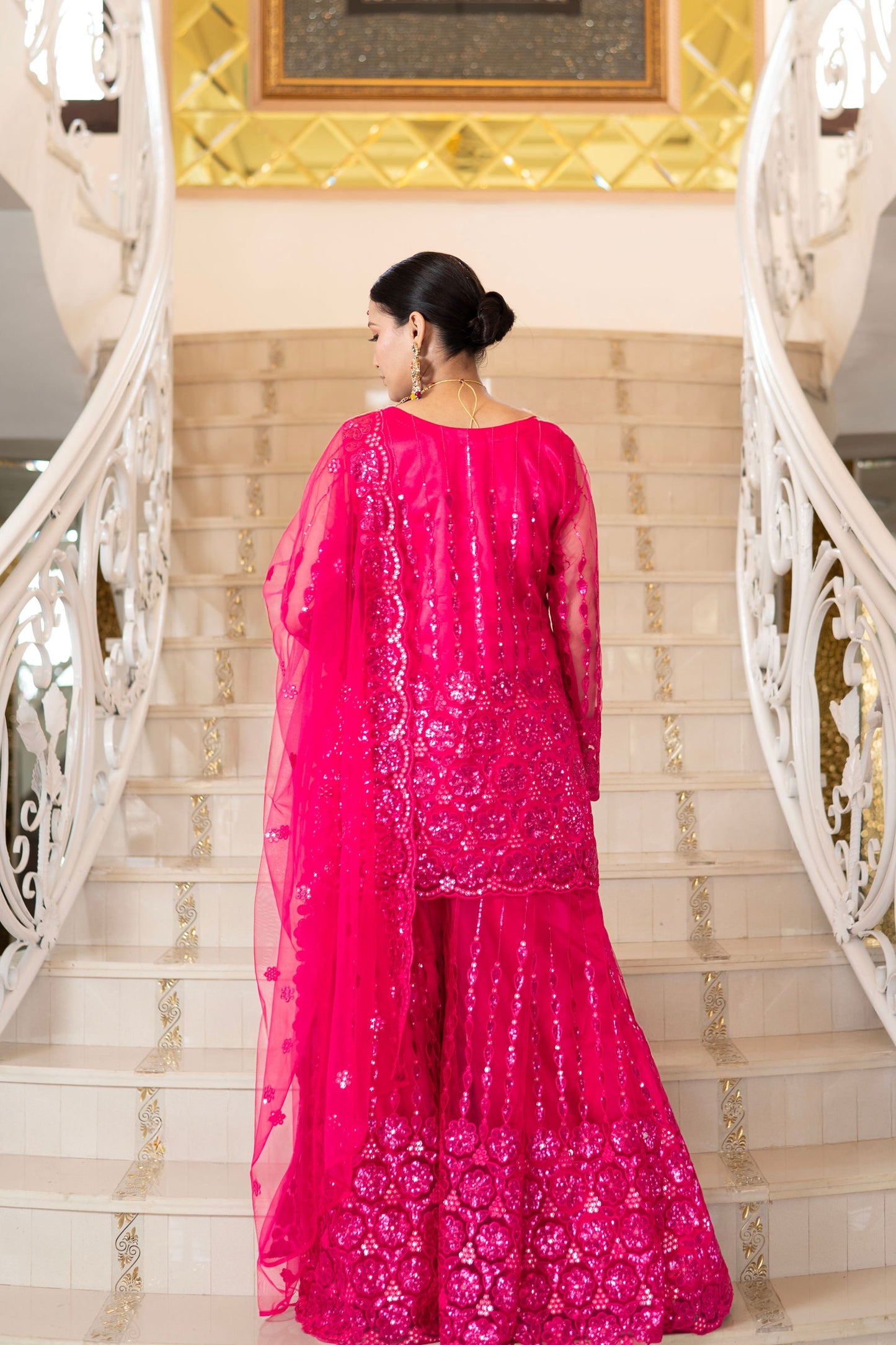 Fuchsia Pink Super Net Full Sleeve Kurta With Flared Palazzo Sets - Mayrake.in