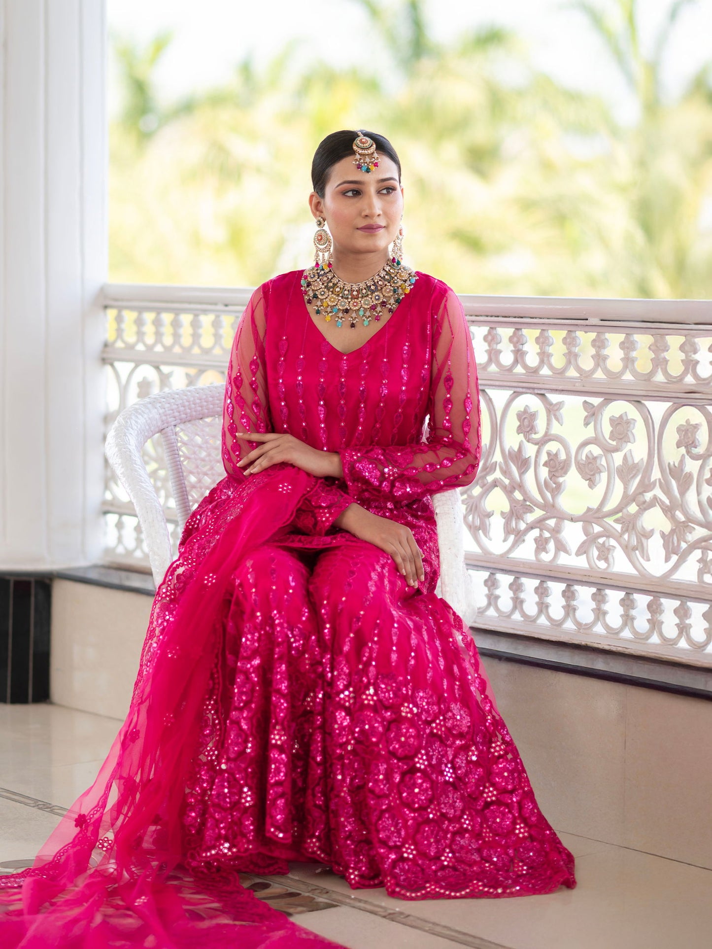 Fuchsia Pink Super Net Full Sleeve Kurta With Flared Palazzo Sets - Mayrake.in