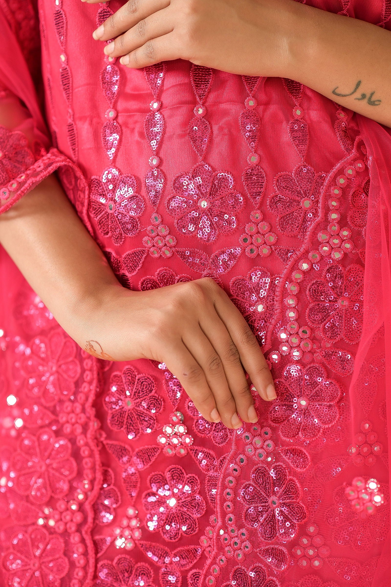 Fuchsia Pink Super Net Full Sleeve Kurta With Flared Palazzo Sets - Mayrake.in