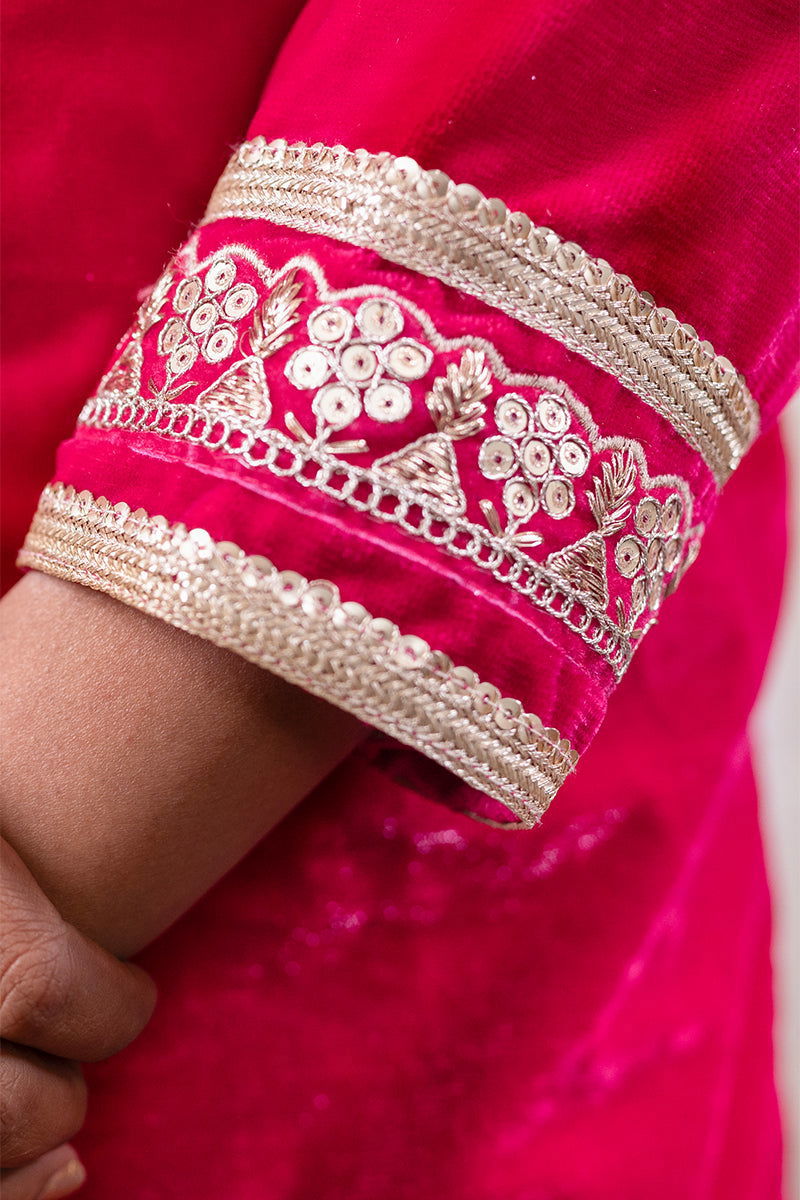 Fuchsia Pink Velvet Shimmering Kurta Palazzo Pant Suit - Mayrake.in