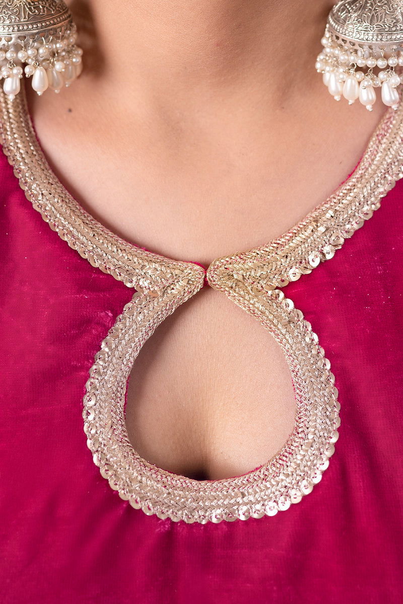 Fuchsia Pink Velvet Shimmering Kurta Palazzo Pant Suit - Mayrake.in