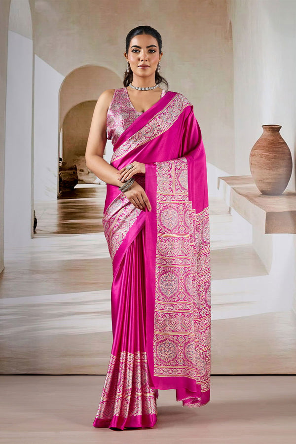 Fushcia Pink Satin Modal Silk Saree with Ajrakh Print - Mayrake.in