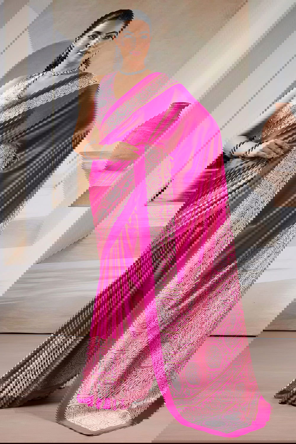 Fushcia Pink Satin Modal Silk Saree with Ajrakh Print - Mayrake.in