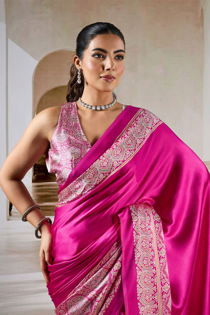 Fushcia Pink Satin Modal Silk Saree with Ajrakh Print - Mayrake.in
