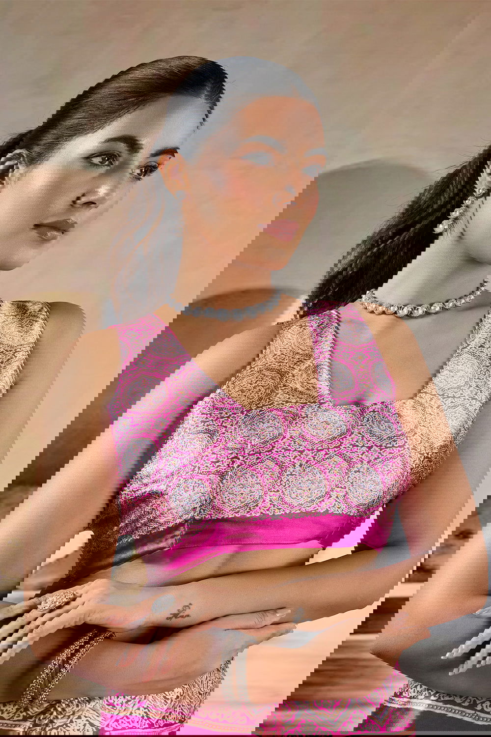 Fushcia Pink Satin Modal Silk Saree with Ajrakh Print - Mayrake.in