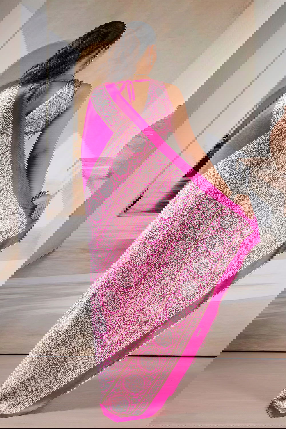 Fushcia Pink Satin Modal Silk Saree with Ajrakh Print - Mayrake.in