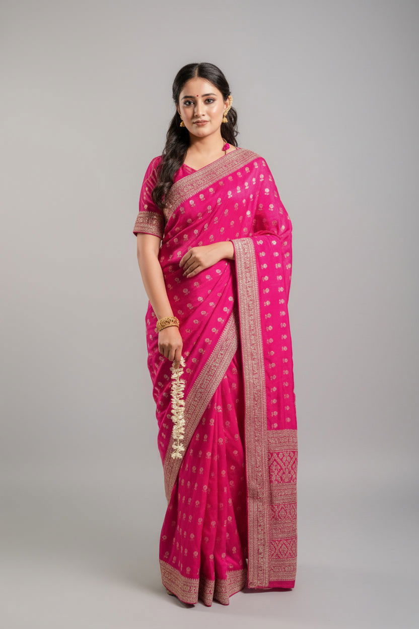 Fushcia Rani Pink Silk Saree with Golden Buti Work and Rich Zari Border - Mayrake.in