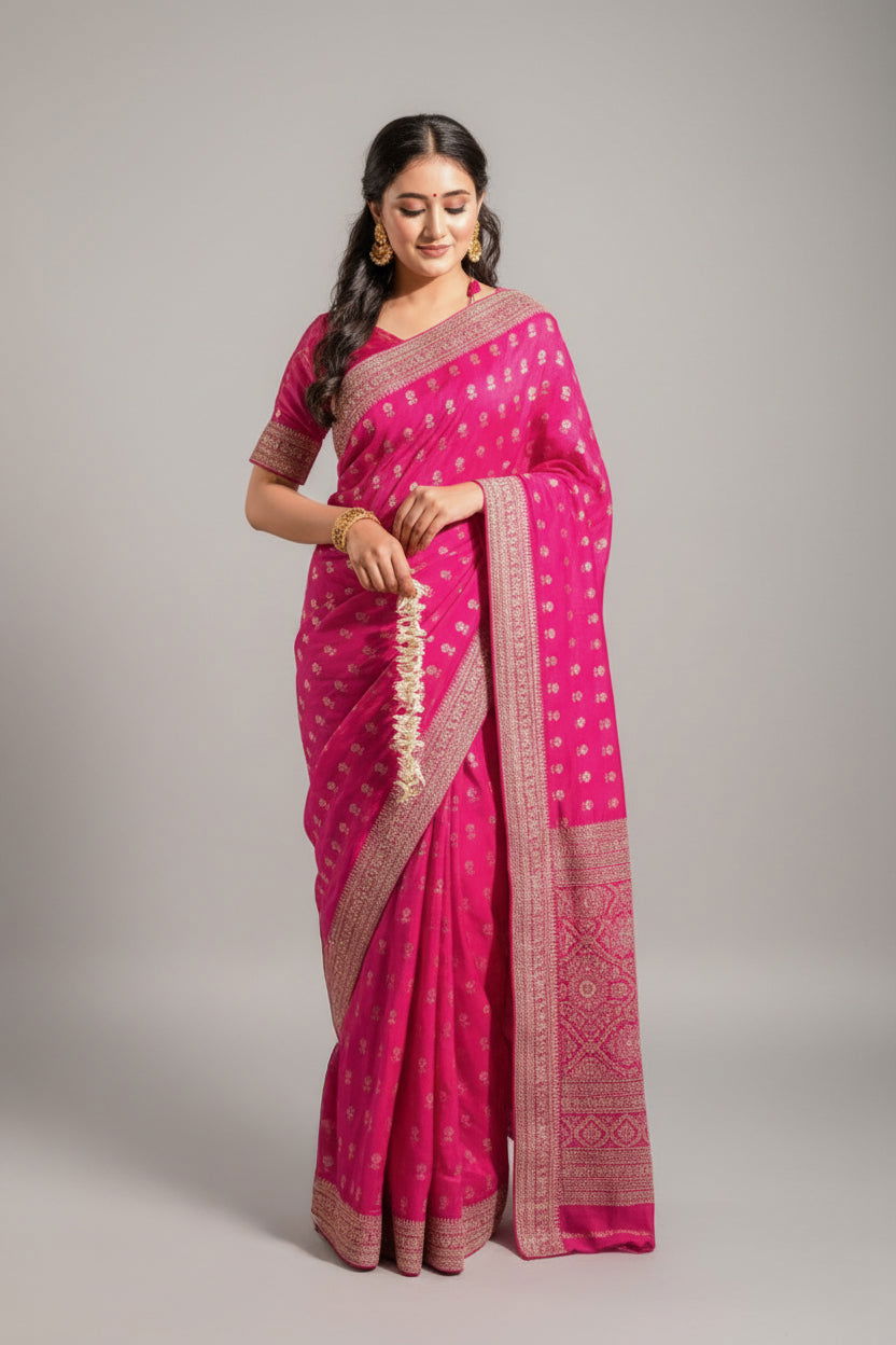 Fushcia Rani Pink Silk Saree with Golden Buti Work and Rich Zari Border - Mayrake.in