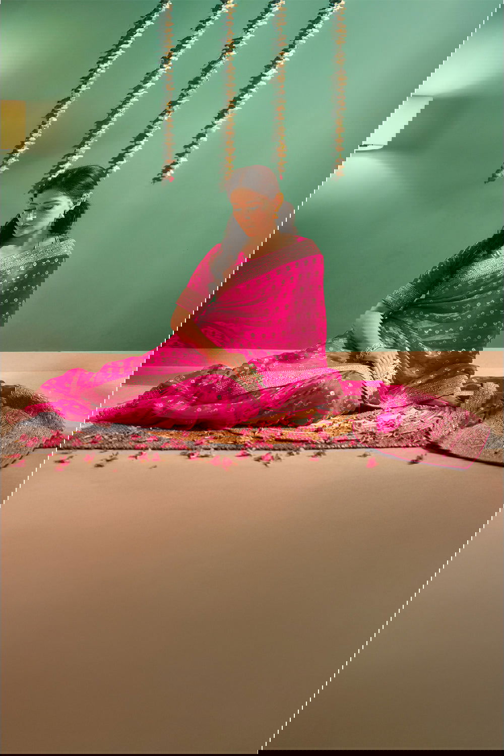 Fushcia Rani Pink Silk Saree with Golden Buti Work and Rich Zari Border - Mayrake.in