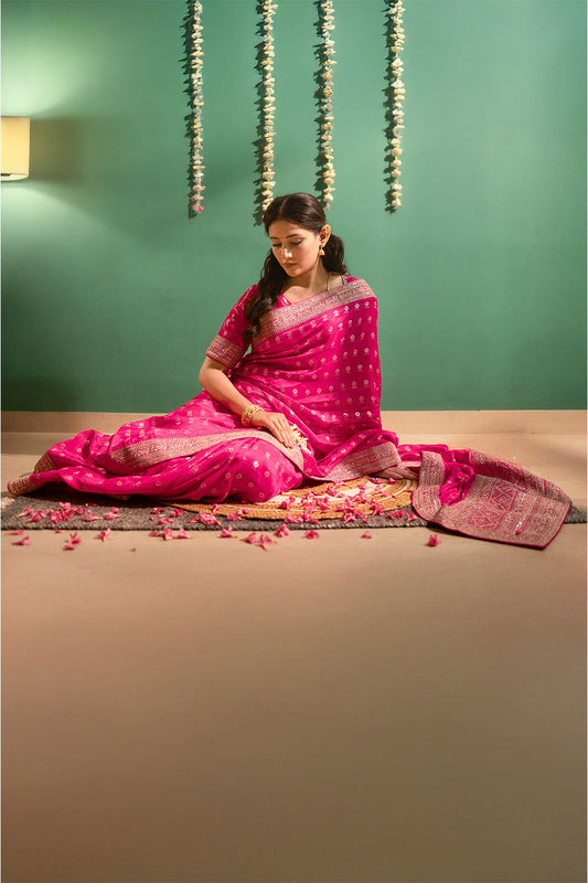 Fushcia Rani Pink Silk Saree with Golden Buti Work and Rich Zari Border - Mayrake.in
