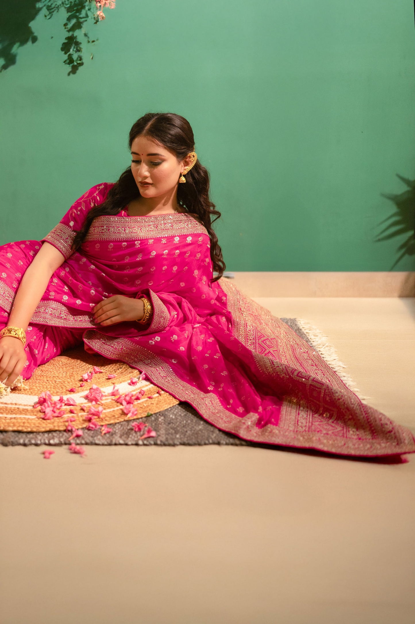 Fushcia Rani Pink Silk Saree with Golden Buti Work and Rich Zari Border - Mayrake.in