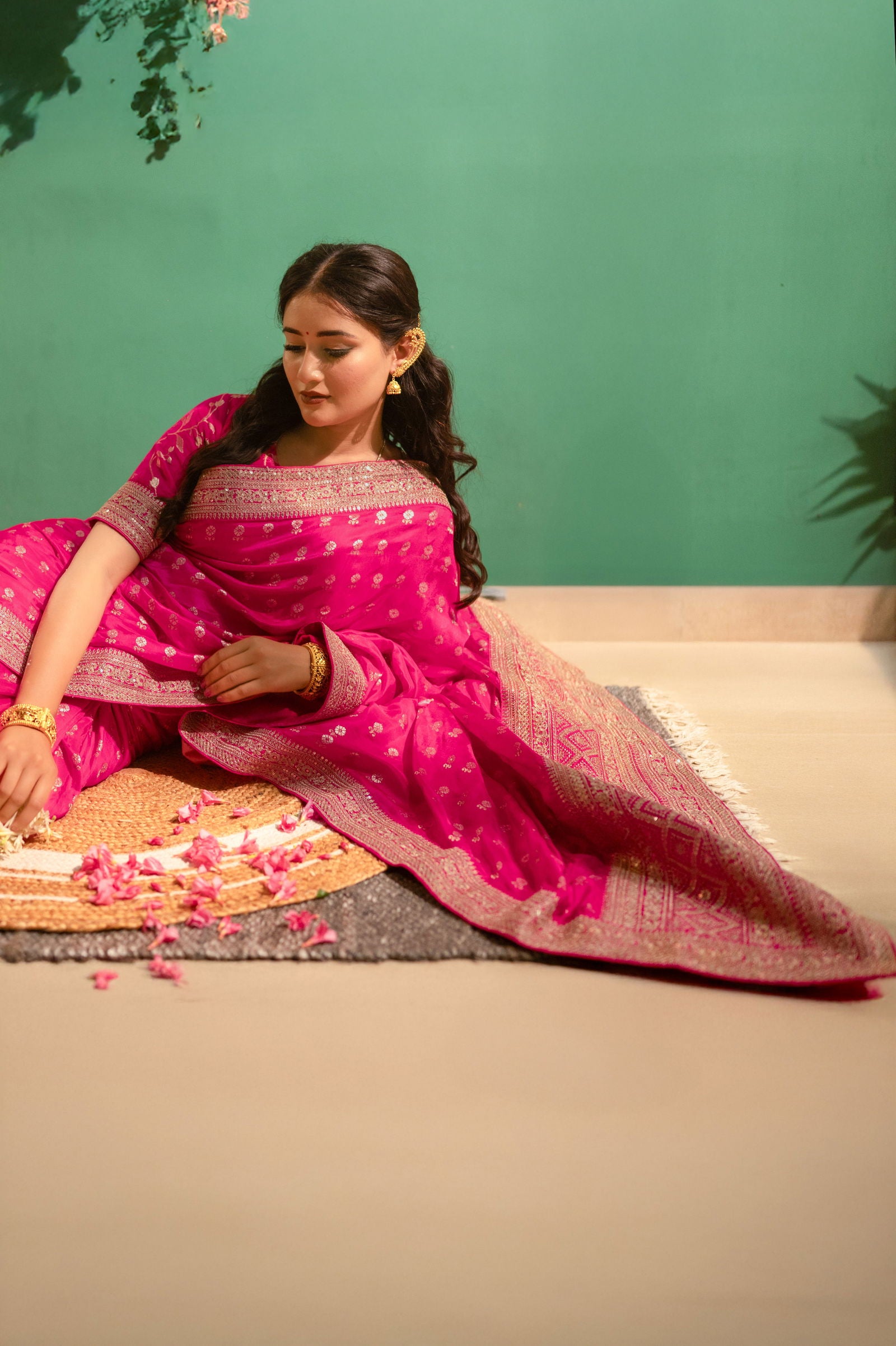 Fushcia Rani Pink Silk Saree with Golden Buti Work and Rich Zari Border - Mayrake.in