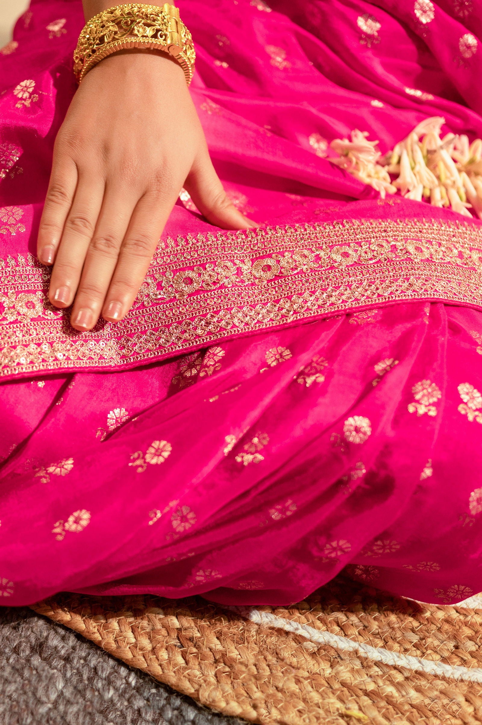 Fushcia Rani Pink Silk Saree with Golden Buti Work and Rich Zari Border - Mayrake.in