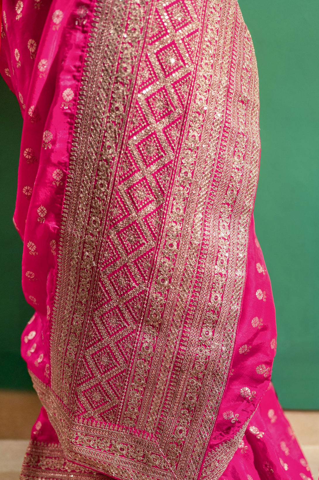 Fushcia Rani Pink Silk Saree with Golden Buti Work and Rich Zari Border - Mayrake.in