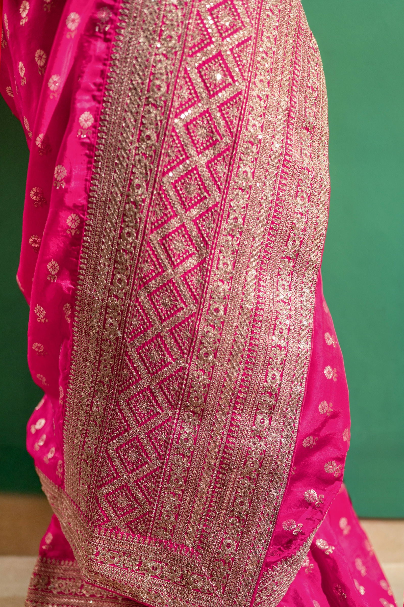 Fushcia Rani Pink Silk Saree with Golden Buti Work and Rich Zari Border - Mayrake.in