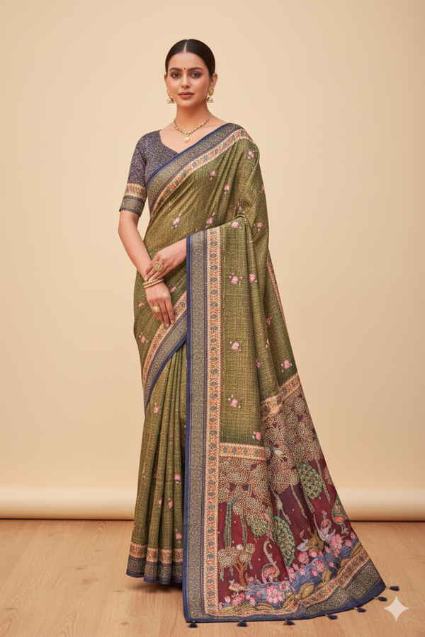 Mehndi Green Raw Silk Saree with Floral Motifs