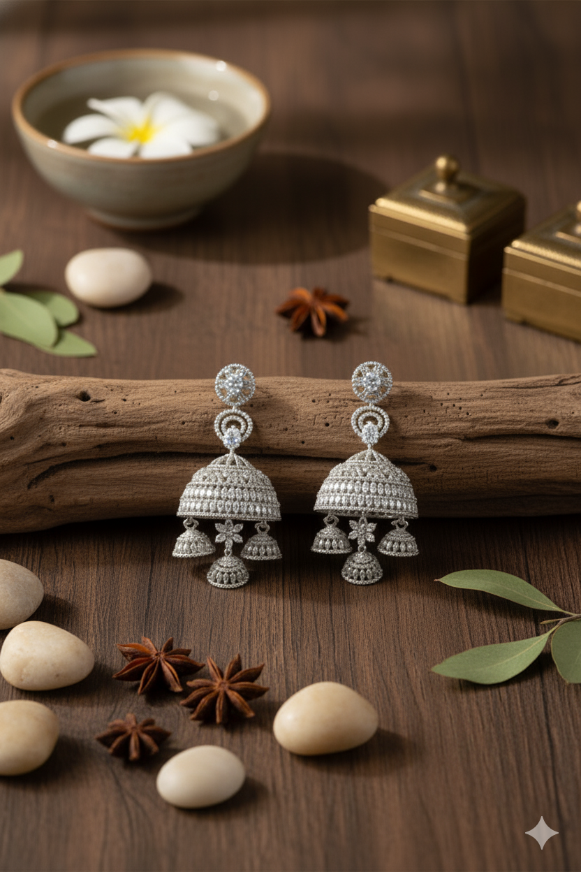 Sparkling American Diamond Jewellery Multi-Layer Big Jhumka Earrings