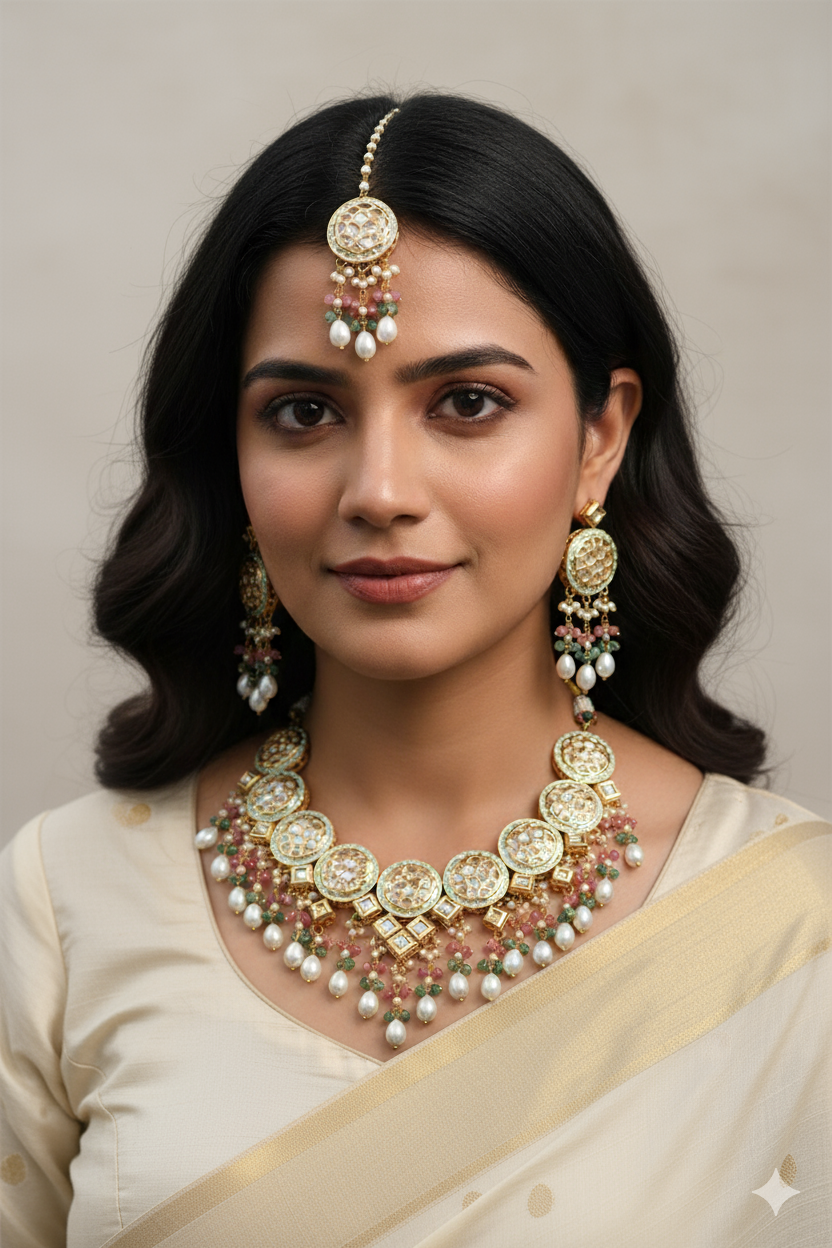 Gold Finish Kundan Multi-Color Beads and Pearls Necklace Jewellery