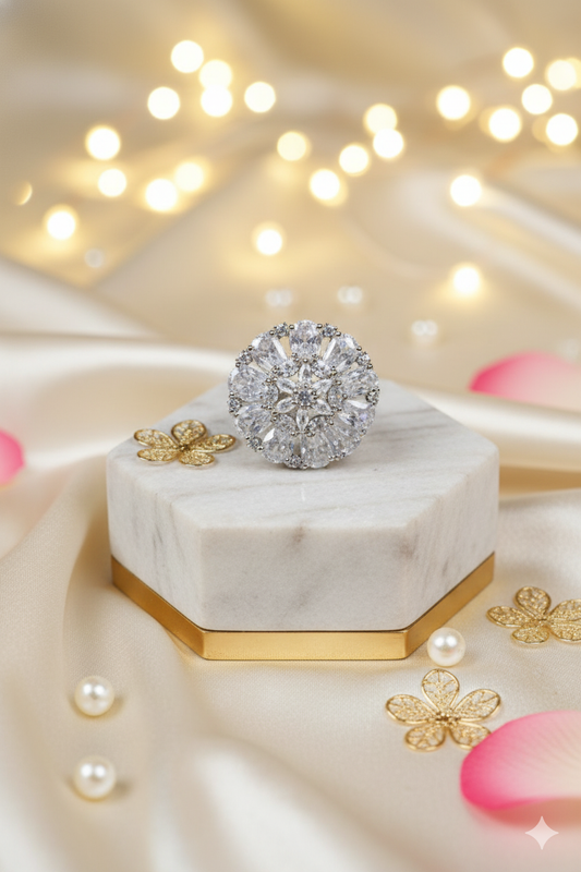 American Diamond Round Shaped Golden-Colored Multiple Stone Ring Jewellery