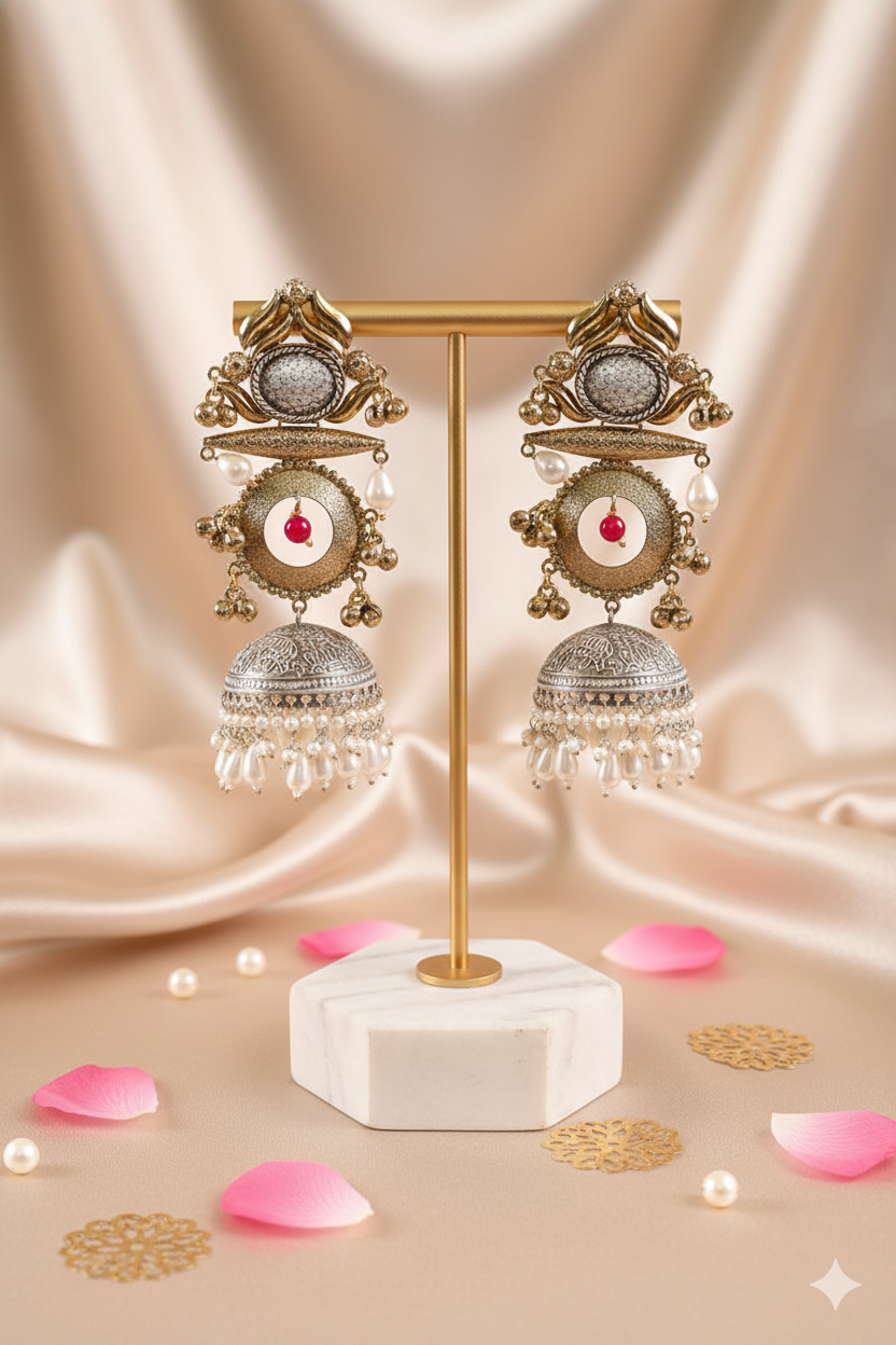 Antique Long Jhumka Jewellery with Mixed Metals and Teardrop Pearls