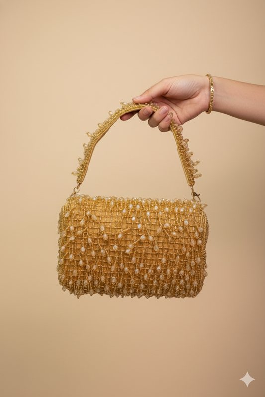 Golden Beige Clutch with Tassels and Beads