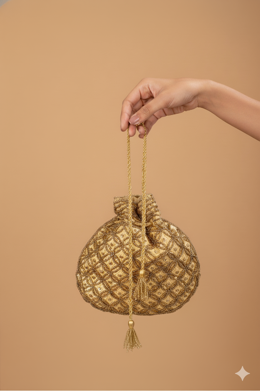 Golden Color Potli with Full Gold Pearls and Sequin Work