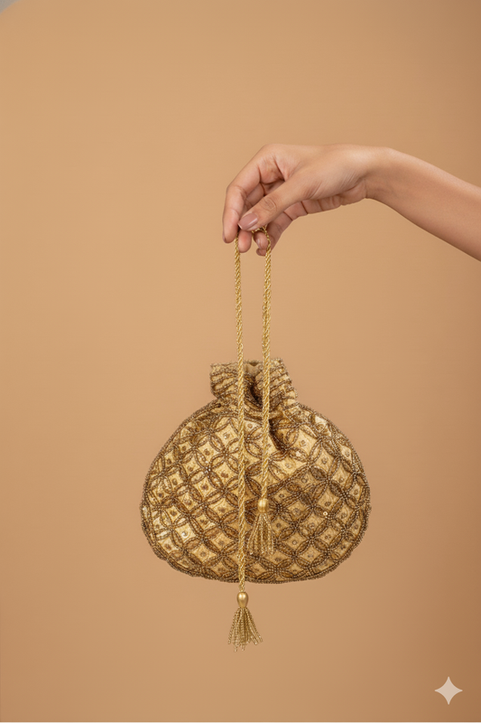 Golden Color Potli with Full Gold Pearls and Sequin Work