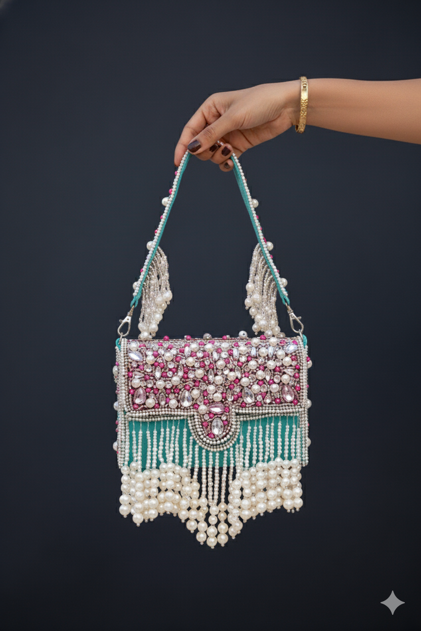 Zari Adorned Sea Blue Handbag with Pink Beads, Pearls, and Tassel