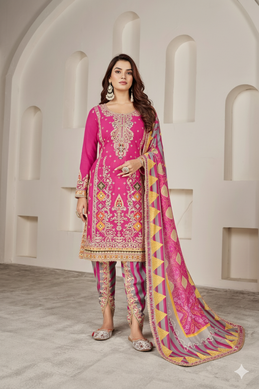 Magenta Pink Silk Suit with Zari Embroidery with Designer Dhoti Pant & Dupatta