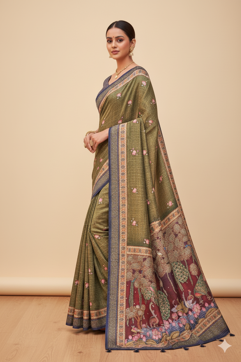 Mehndi Green Raw Silk Saree with Floral Motifs