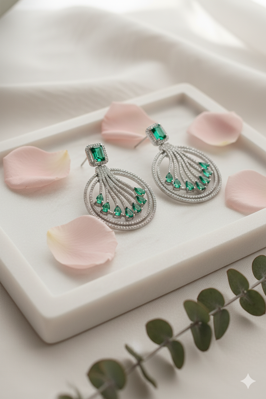 Sparkling American Diamond Jewellery Chandbali Earrings with Green Stones