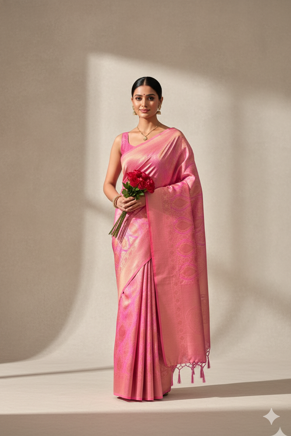 Two-Tone Baby Pink Weaving Silk Saree with Contrast Selvage Border