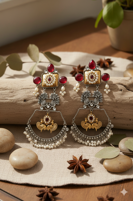 Long Oxidized Antique Earrings Jewellery with Kundan, Peacock Design & Ghungroo Accents