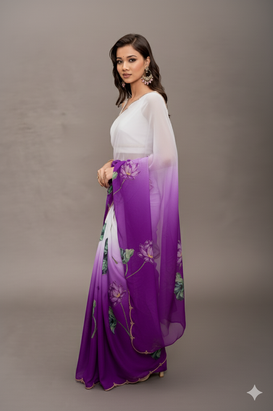Dark Purple Tebi Twin Silk Saree with Floral Digital Print & Moti Handwork Border