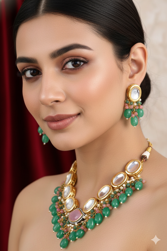 Gold Finish Kundan Emerald Green Stones and Pearls Necklace Jewellery with Maang Tikka