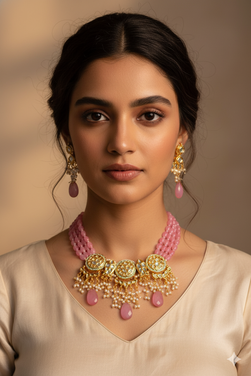 Rose Pink Beads Kundan Necklace Jewellery