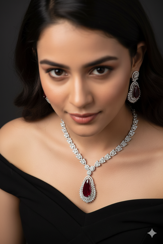 Purple Garnet American Diamond Tear Drop Earrings & Necklace Jewellery Set