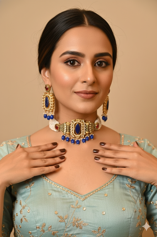 Kundan Blue Beads Choker with Matching Earrings Jewellery Set