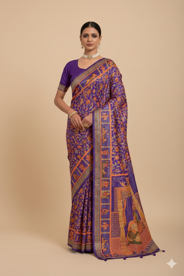 Purple Raw Silk Saree with  Ethnic Heritage Prints