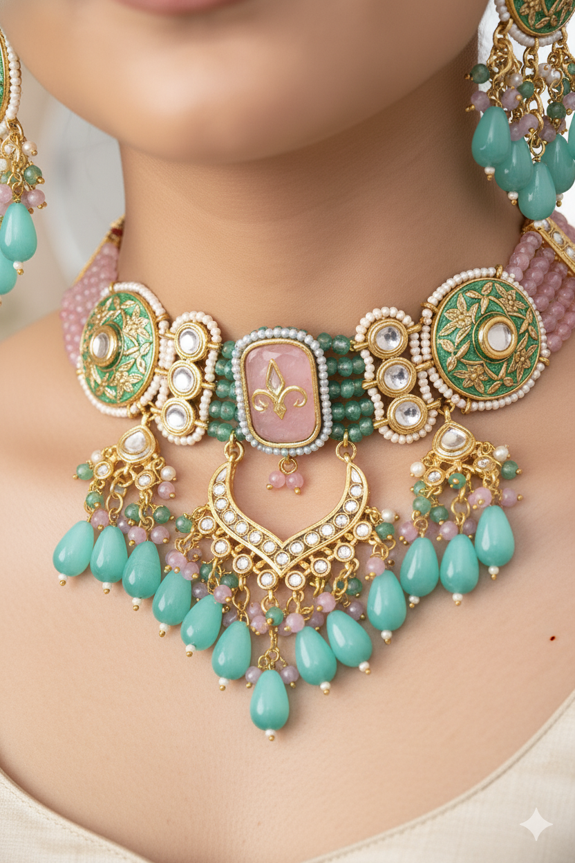 Multicolor Stone Mixed Metal Choker Jewellery Set