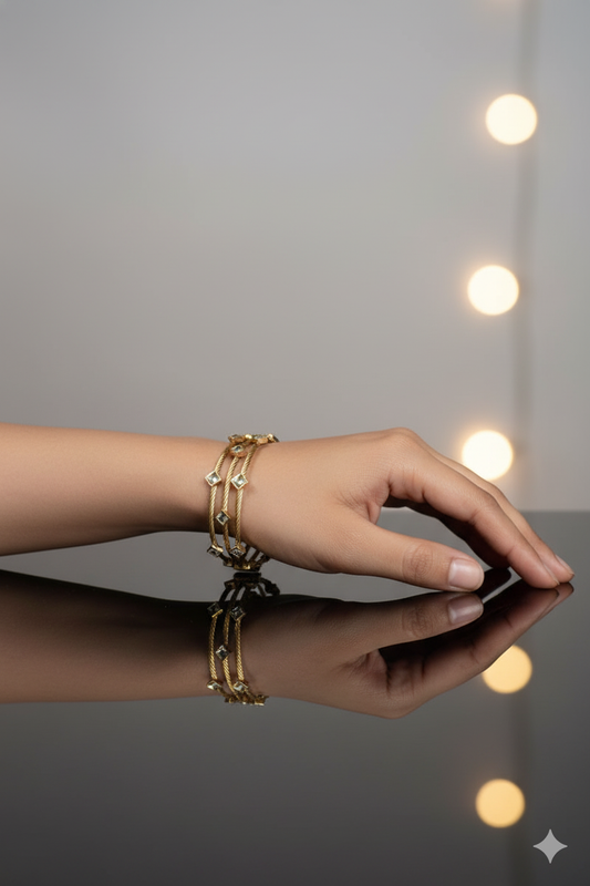 Premium Golden Layered Jewellery Bracelets with Metal, Stone, and Link Lock Design