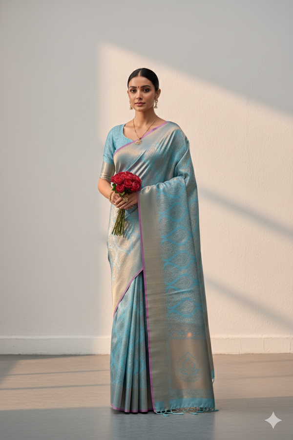 Two-Tone Blue Weaving Silk Saree with Contrast Selvage Border