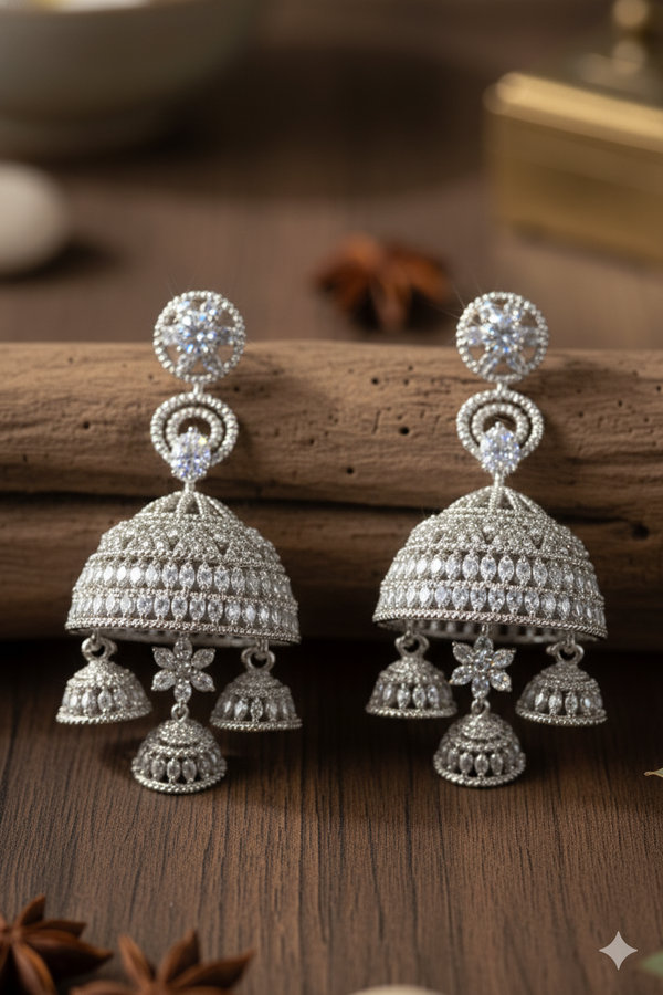 Sparkling American Diamond Jewellery Multi-Layer Big Jhumka Earrings
