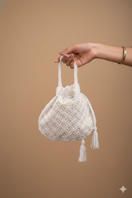 Milky White Potli with Pearl and Golden Thread Work