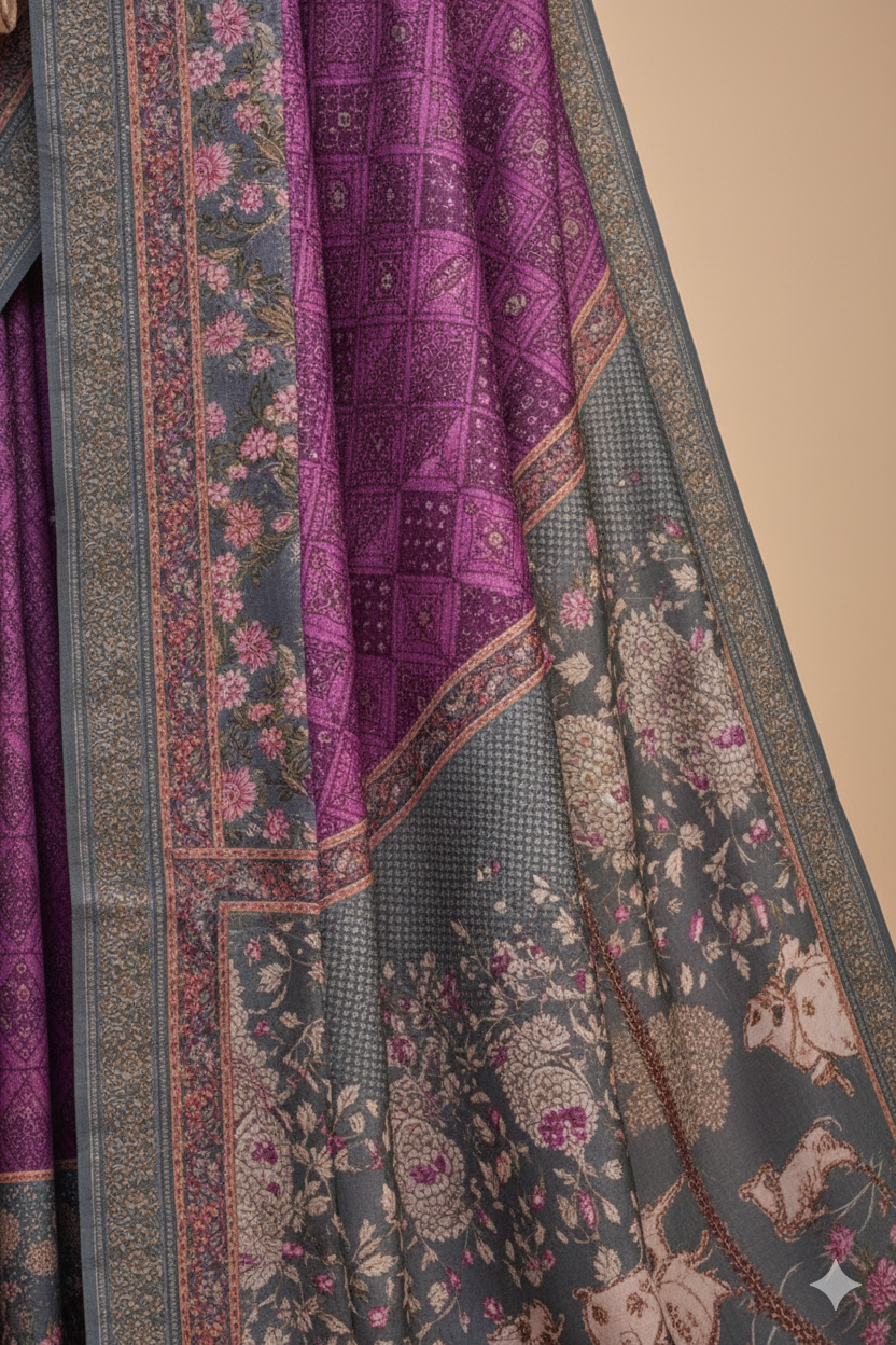 Purple Raw Silk Saree with Regal Bovine Motifs