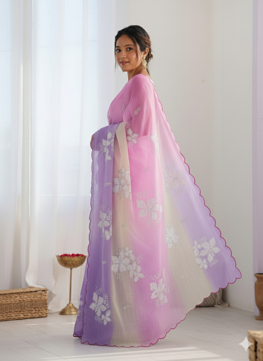 Peach Purple Pastel Shaded Chinon Silk Saree with Sequin Embroidery & Khatli Border