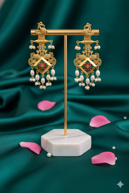 Gold Finish Kundan Earrings Jewellery with Drop Pearls