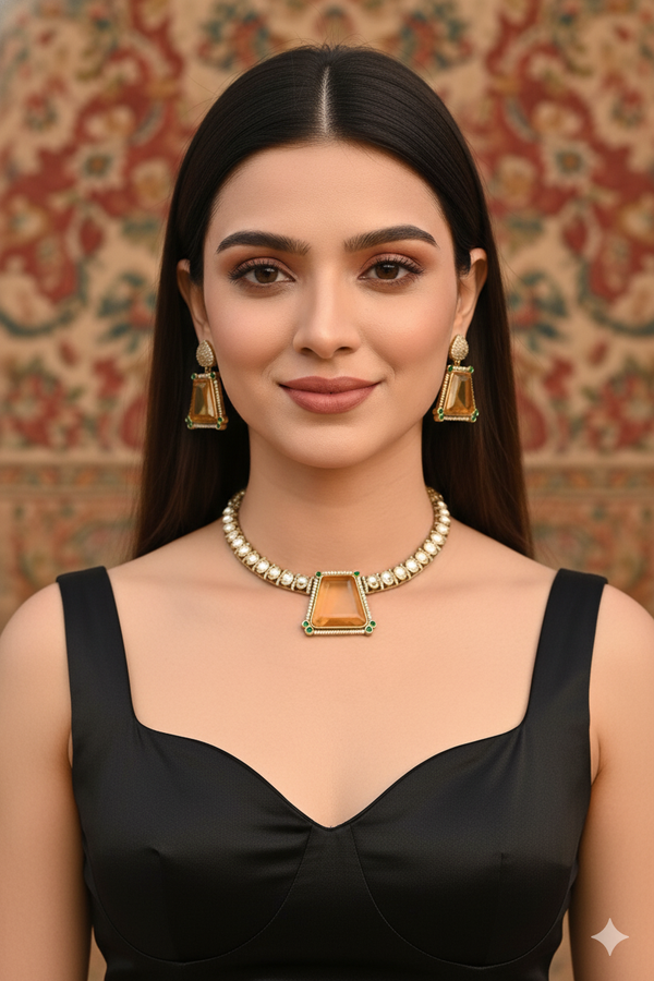 Zircon AD Necklace Jewellery with Bold Yellow Stone Earrings