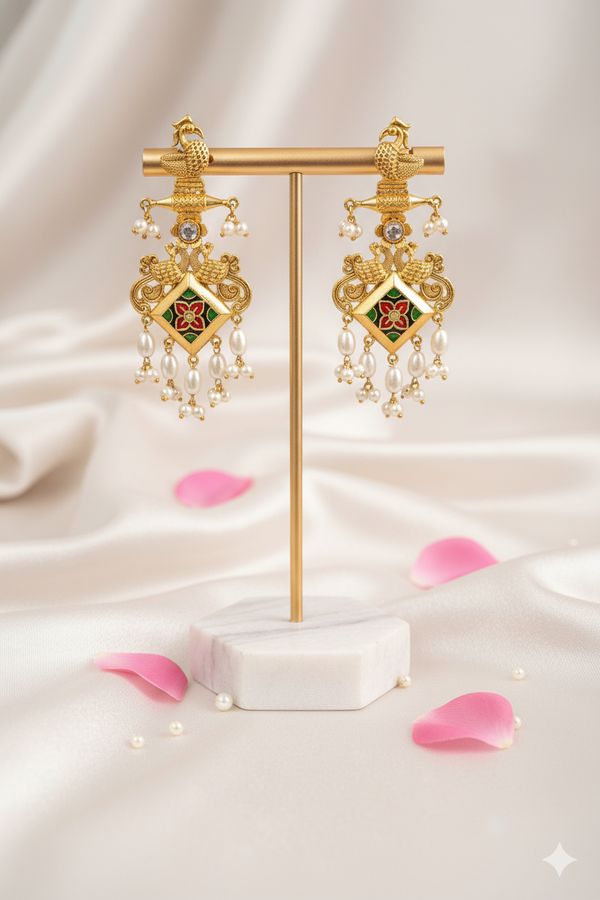 Gold Finish Kundan Earrings Jewellery with Drop Pearls
