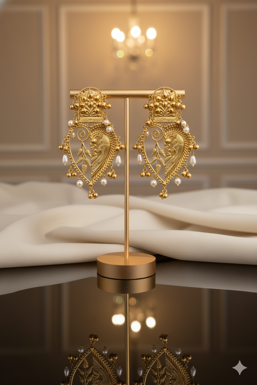 Gold Metal Paan-Shaped Ghungroo Earrings Jewellery with Teardrop Pearls